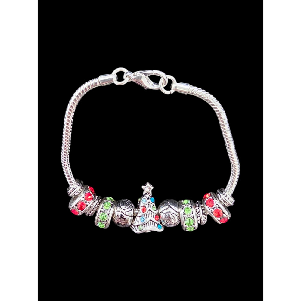 Silver Tone Red Green Blue Crystal Christmas Tree Slide Charm Bracelet 7.75 inch